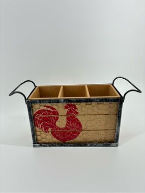 Rustic Rooster Wooden Caddy Utensil Holder with Metal Handles Wire Basket